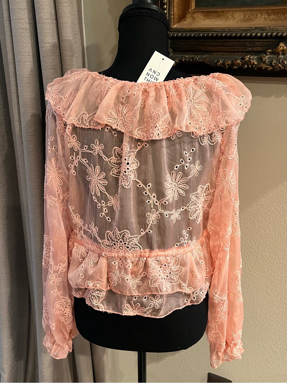 Pink Embroidered Ruffled Tiered Tie-Front Crop Top Blouse - Cottagecore Romantic - Picture 3 of 6